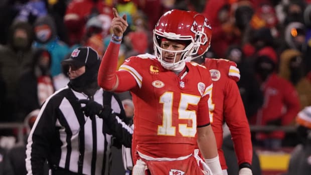 Jan 13, 2024; Kansas City, Missouri, USA; Kansas City Chiefs quarterback Patrick Mahomes (15) reacts during the second half of the 2024 AFC wild card game at GEHA Field at Arrowhead Stadium. Mandatory Credit: Denny Medley-USA TODAY Sports  